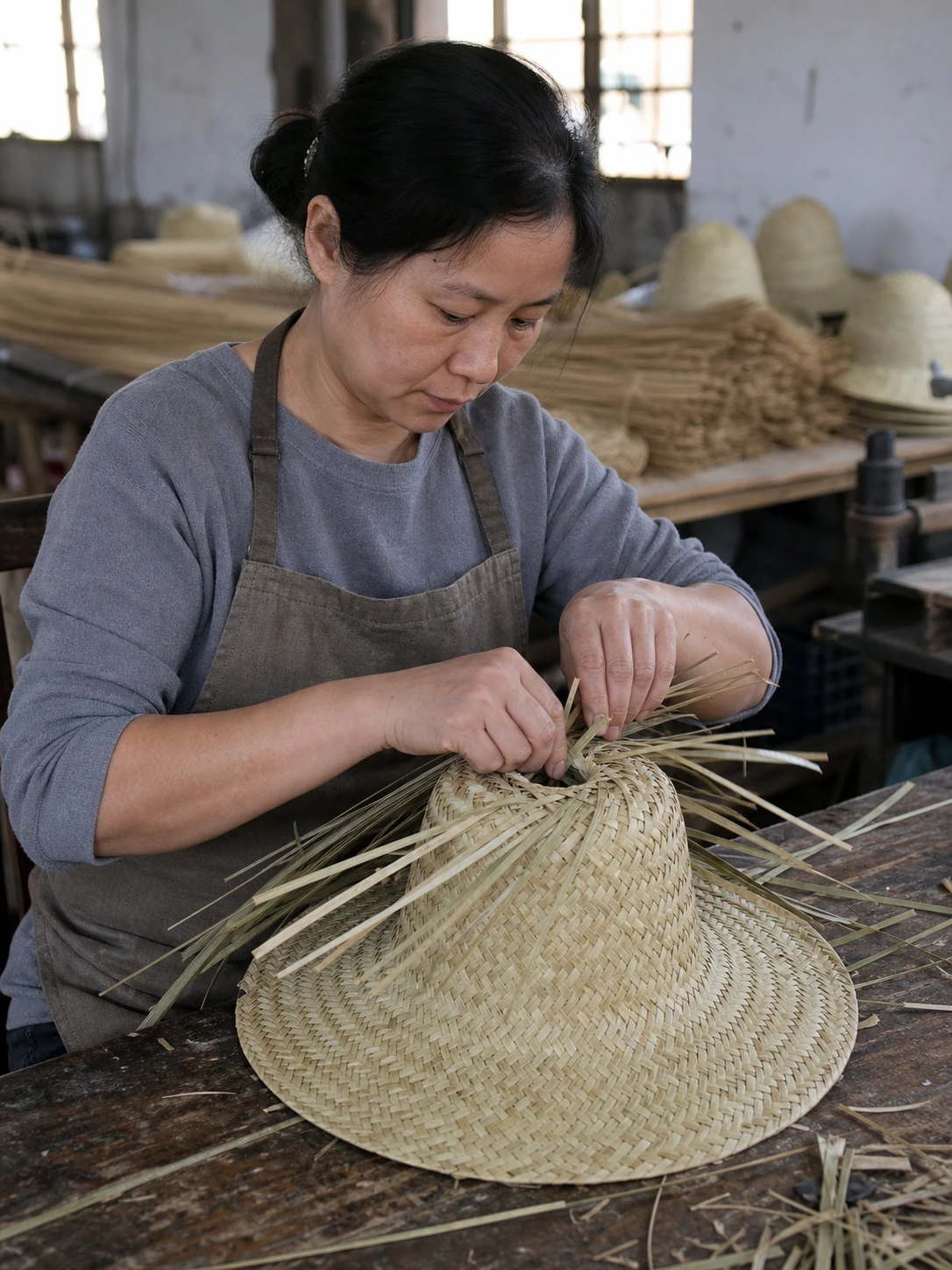 factory worker weaving straw hat